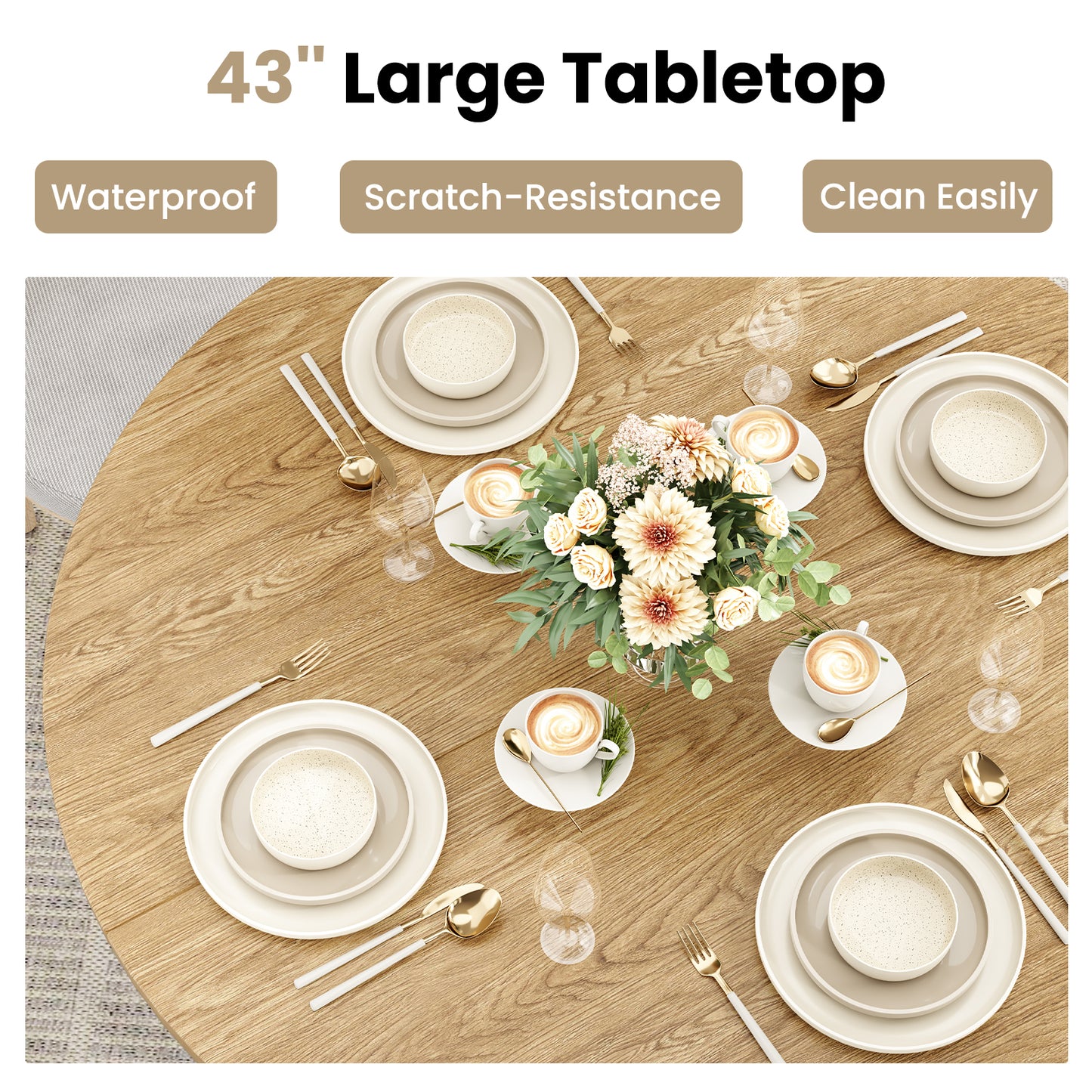 43 Inch Round Walnut Dining Table - For 4 People for Dining Room