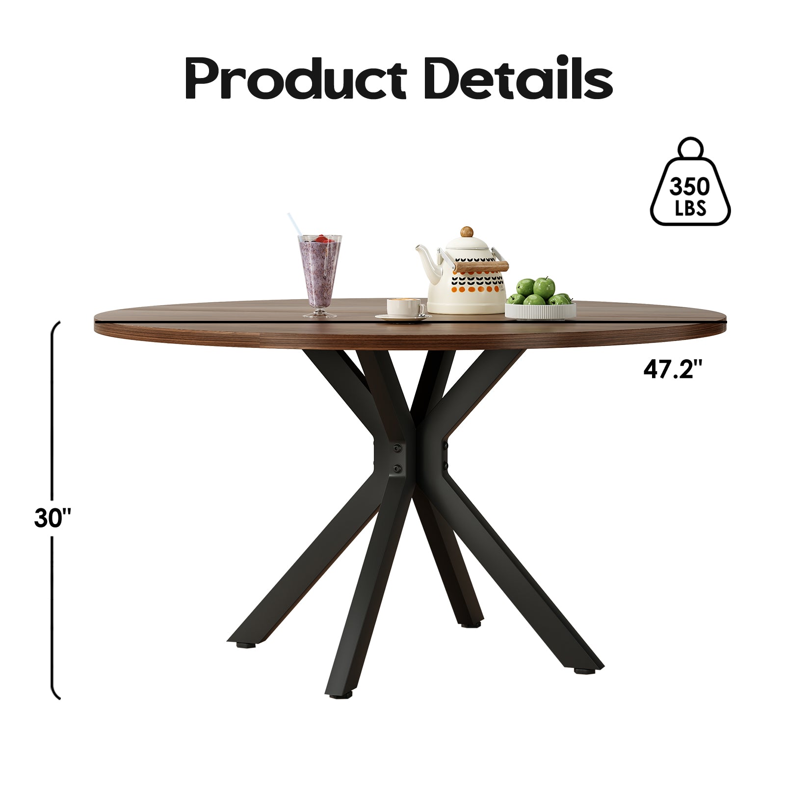 47.2" Round Walnut Wood Dining Table - Seats 6