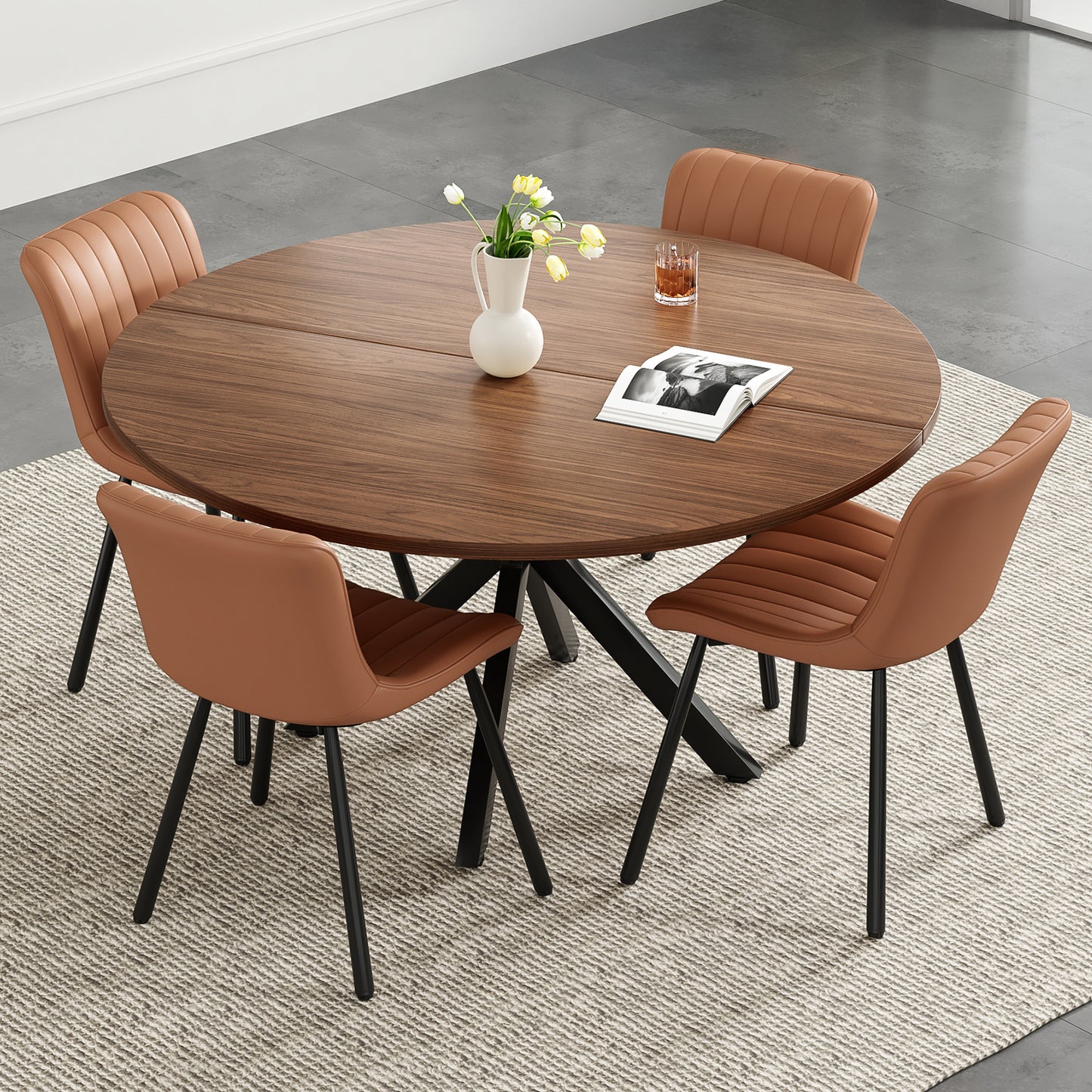 47.2" Round Walnut Wood Dining Table - Seats 6