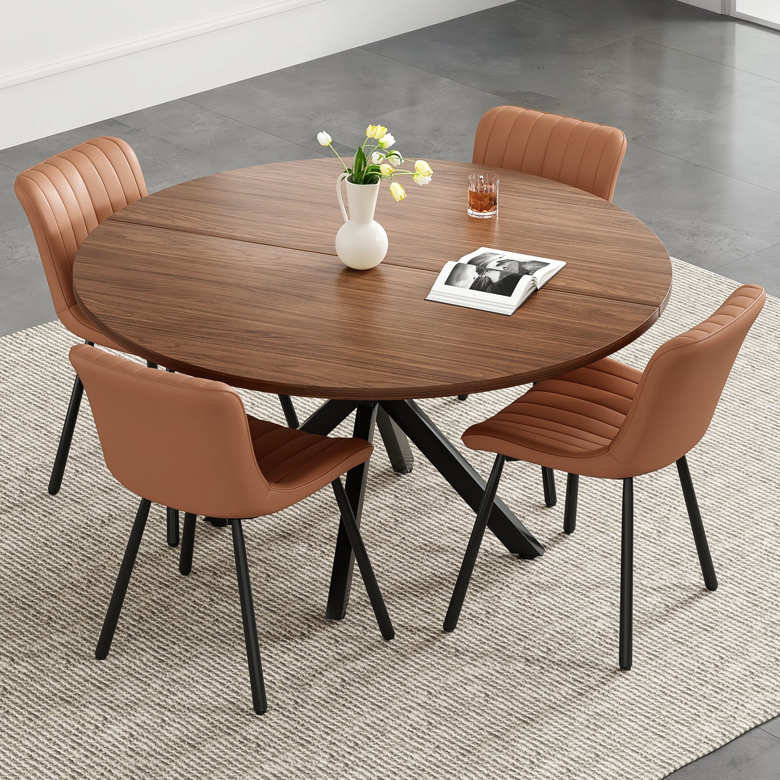 47.2" Round Walnut Wood Dining Table - Seats 6