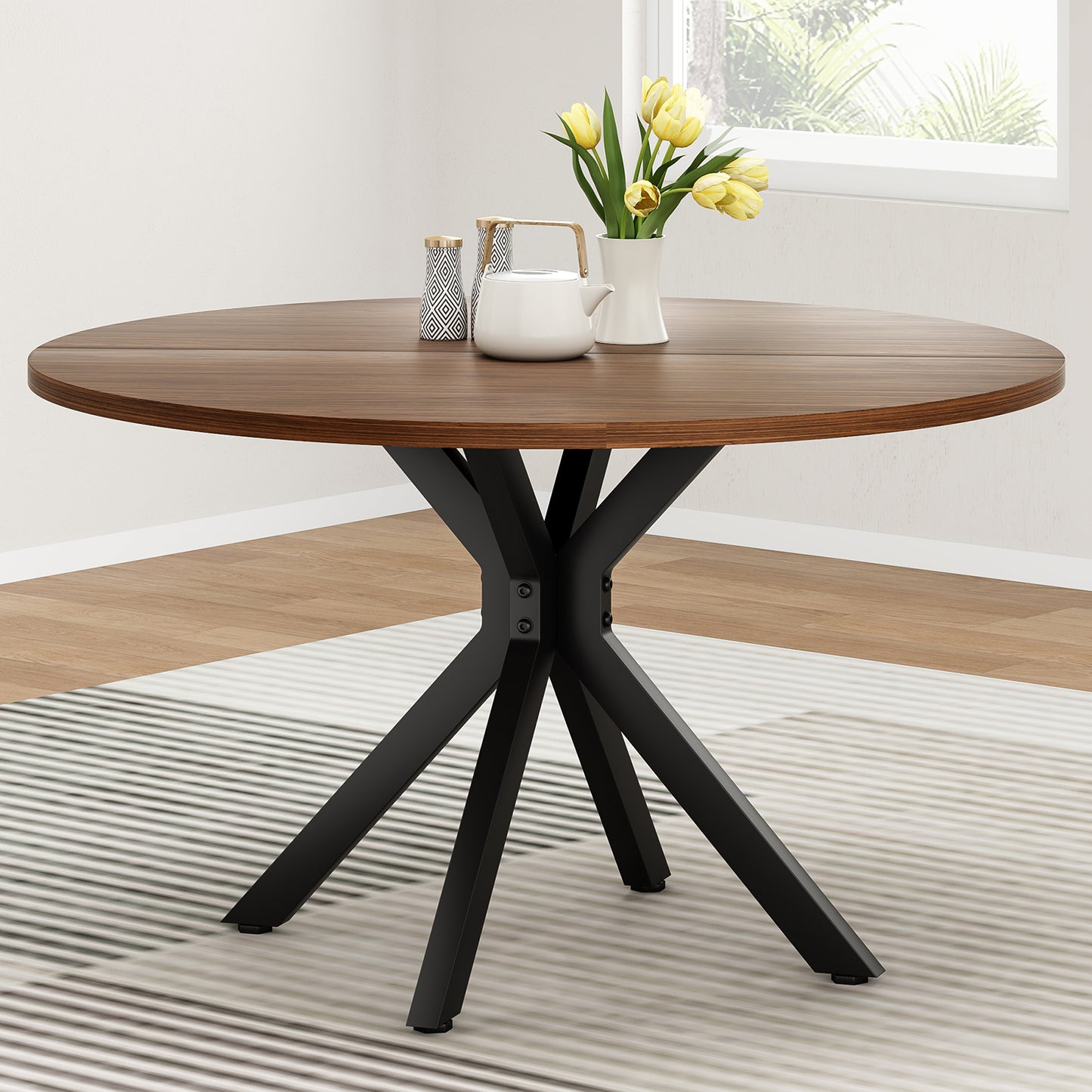 47.2" Solid Wood Round Dining Kitchen Table for 4-6 People with Intersecting Pedestal Base