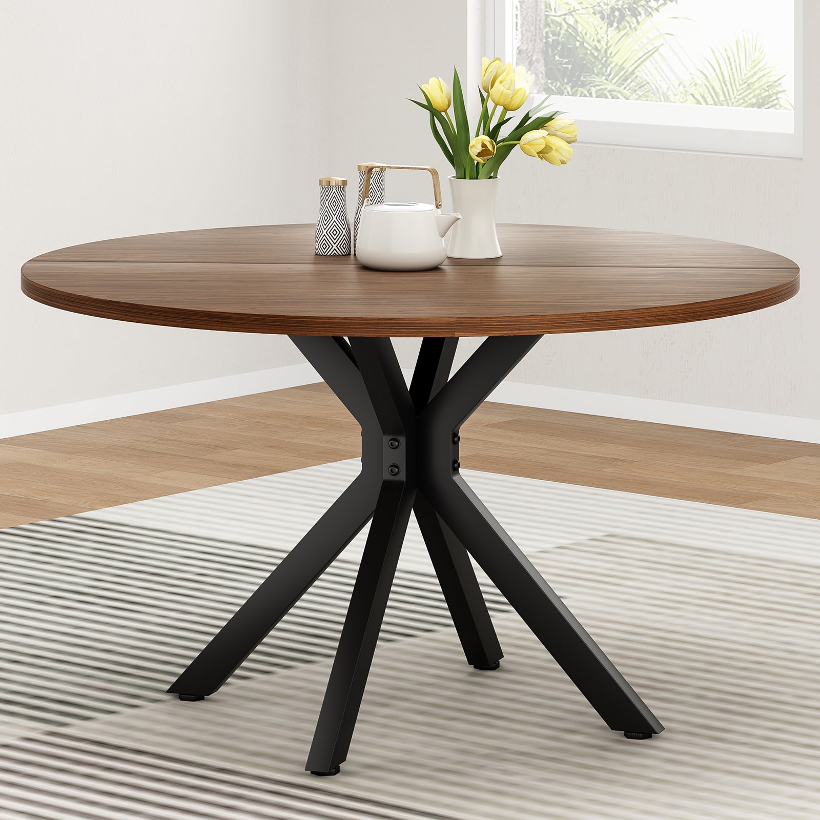 47.2" Solid Wood Round Dining Kitchen Table for 4-6 People with Intersecting Pedestal Base