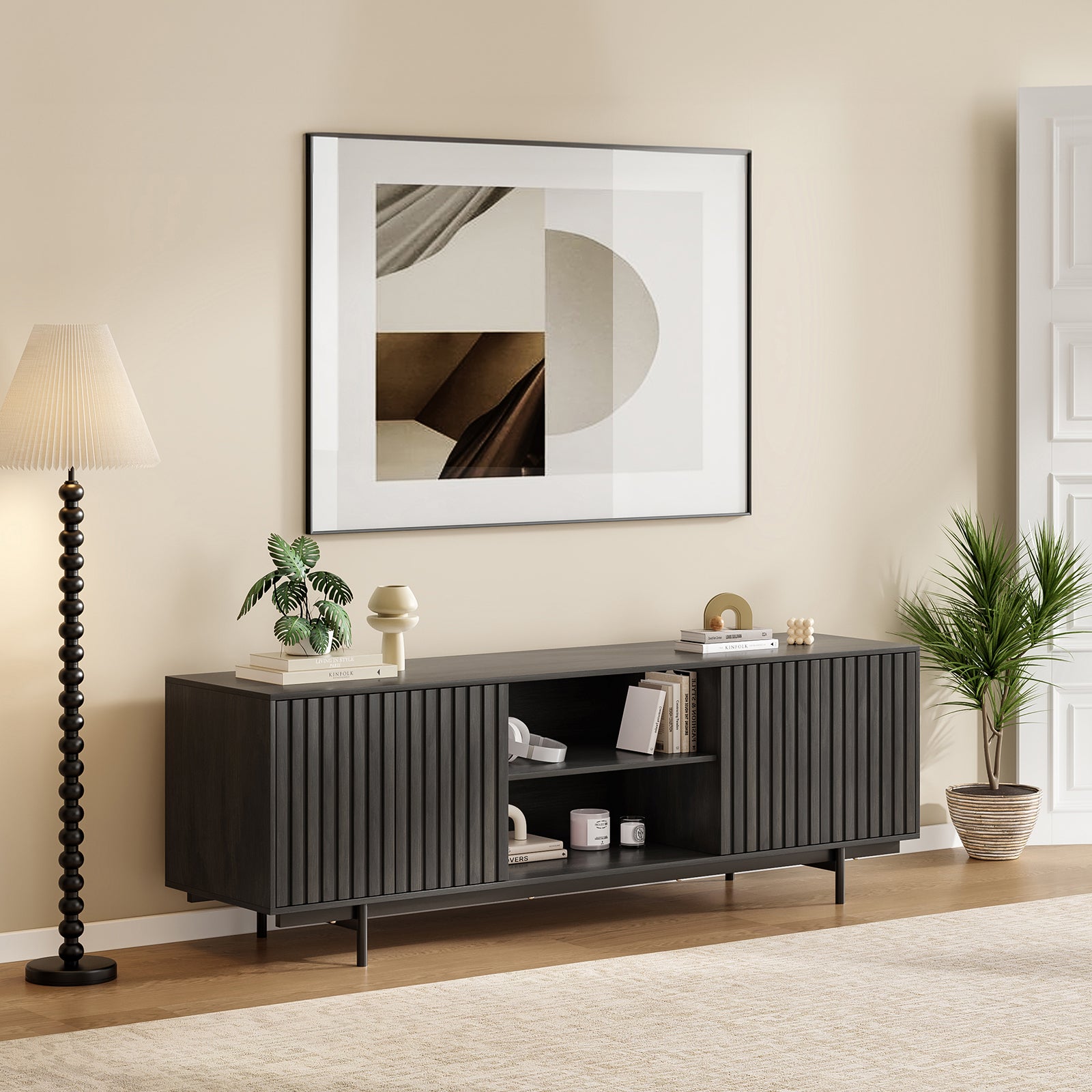 Black Mid Century TV Stand - 63" Wood Entertainment Center