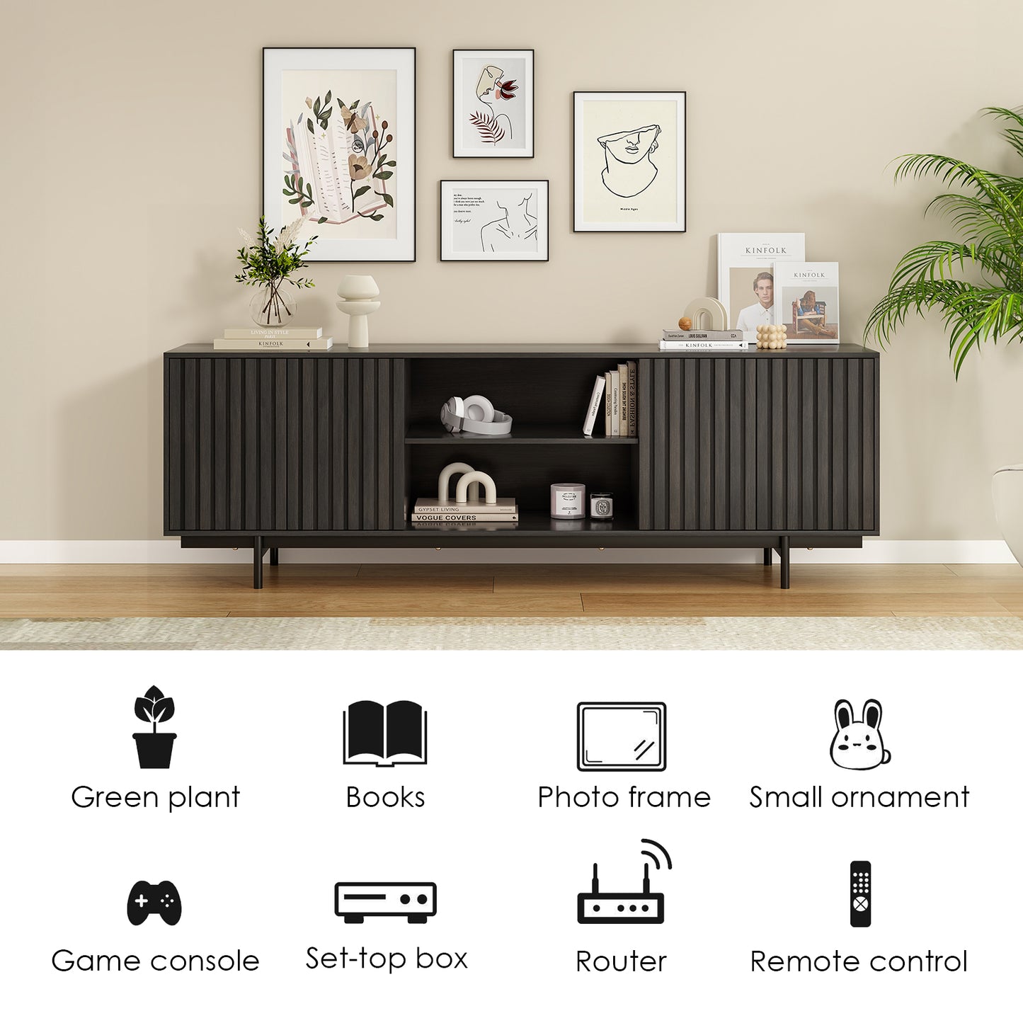 Black Mid Century TV Stand - 63" Wood Entertainment Center