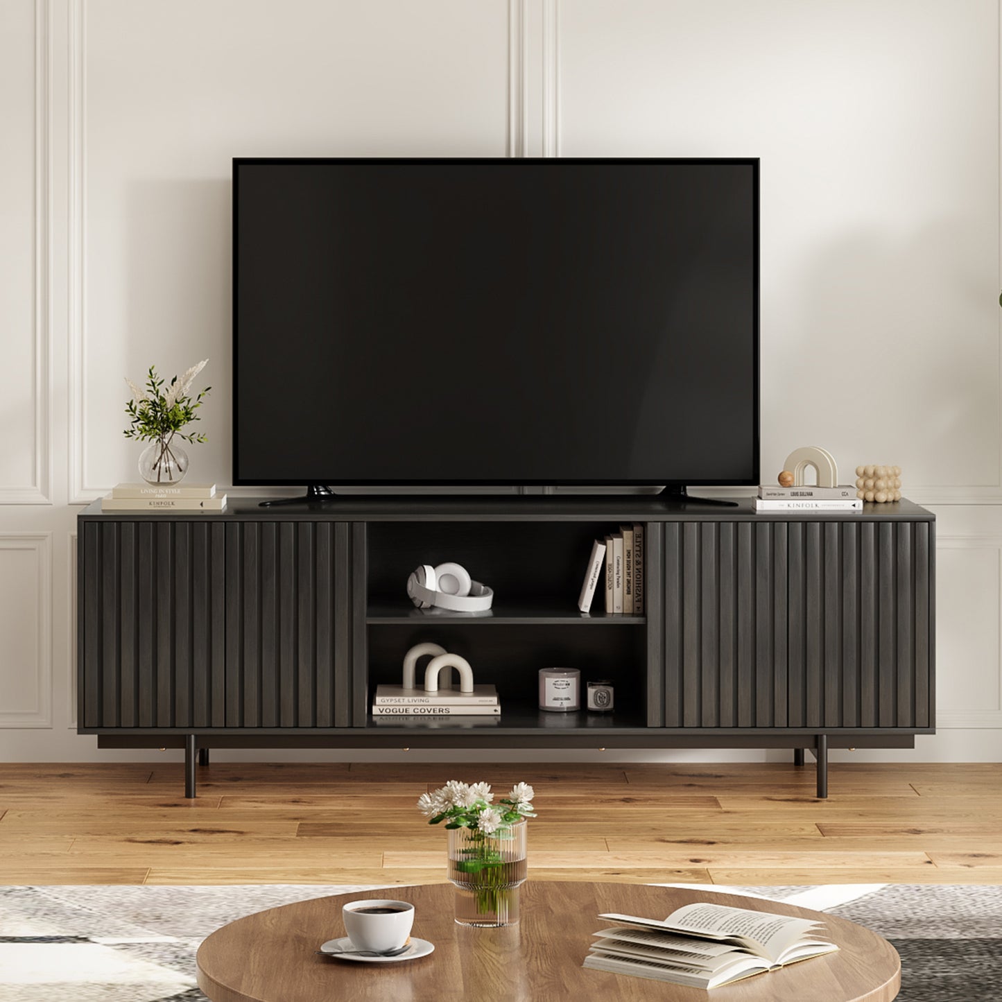 Black Mid Century TV Stand - 63" Wood Entertainment Center
