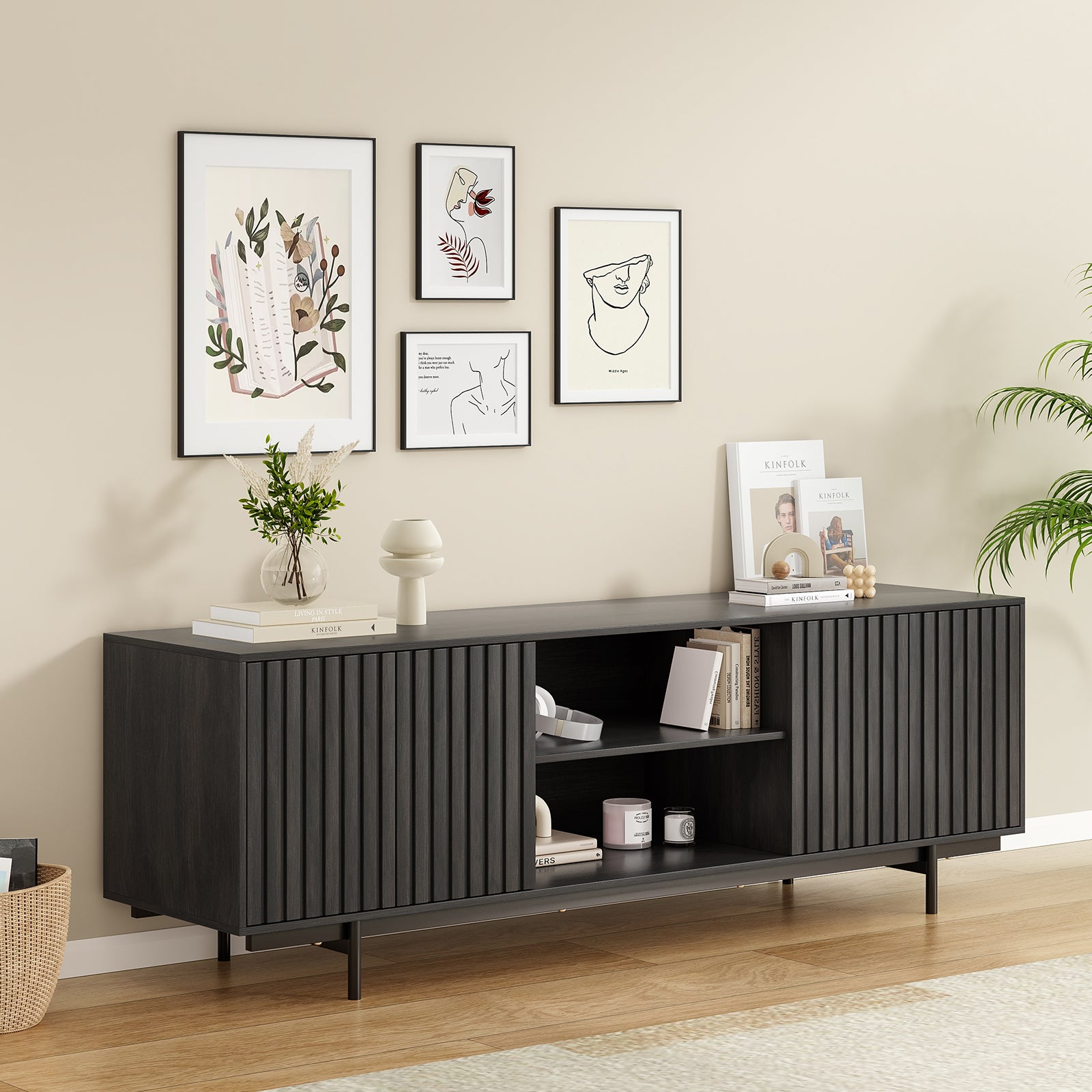Black Mid Century TV Stand - 63" Wood Entertainment Center