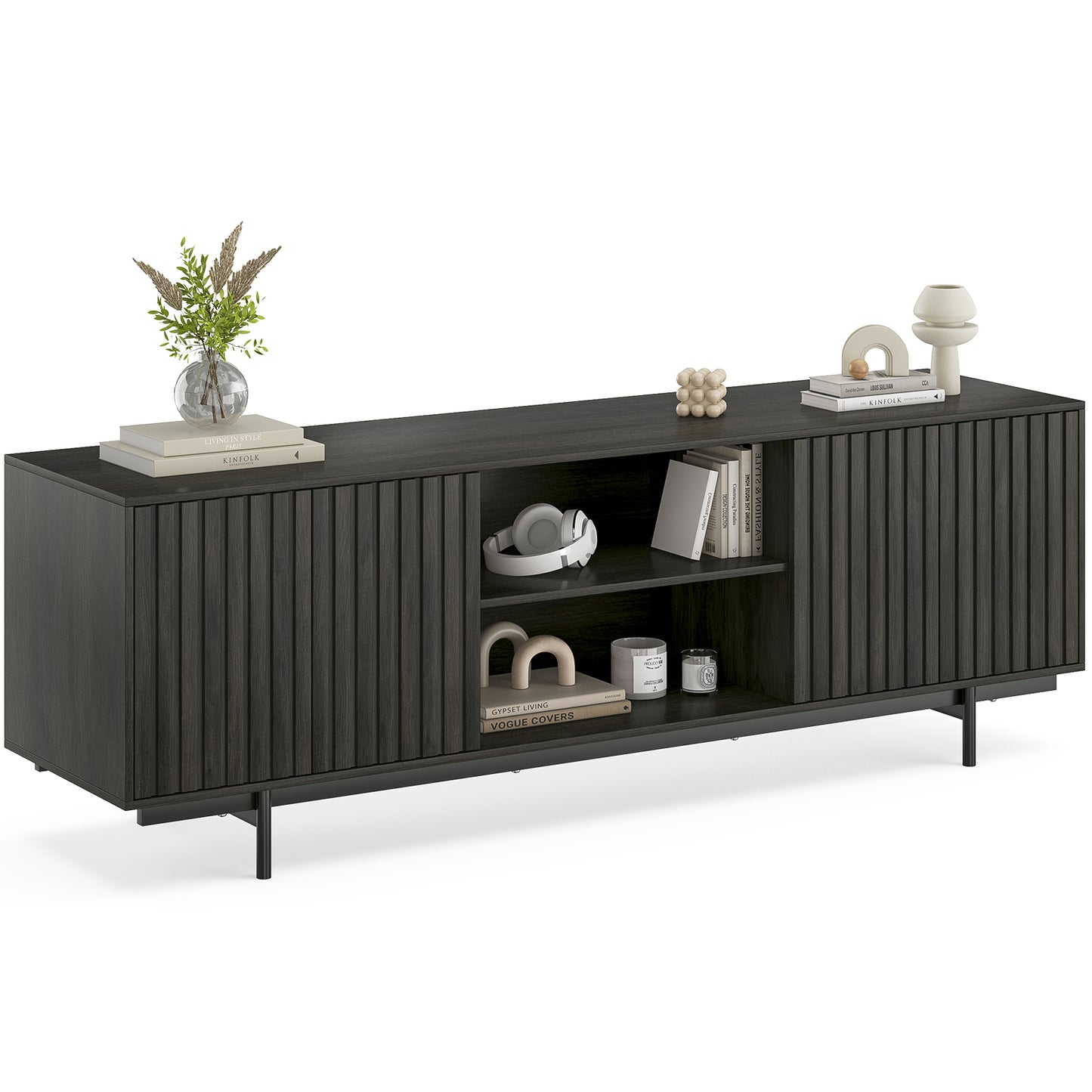 Mid Century Modern TV Stand for TVs Up to 75", Farmhouse Fluted TV Stand, Retro Wood TV Stand with Storage and Shelf, Entertainment Center with Pop-Up Doors for Living Room, Bedroom