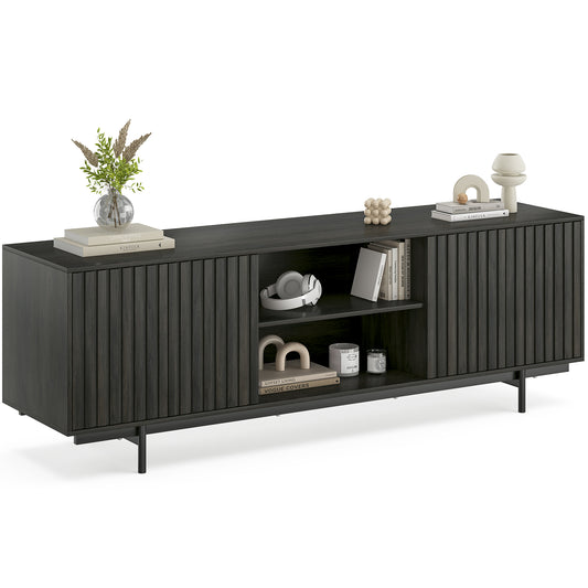 Mid Century Modern TV Stand for TVs Up to 75", Farmhouse Fluted TV Stand, Retro Wood TV Stand with Storage and Shelf, Entertainment Center with Pop-Up Doors for Living Room, Bedroom