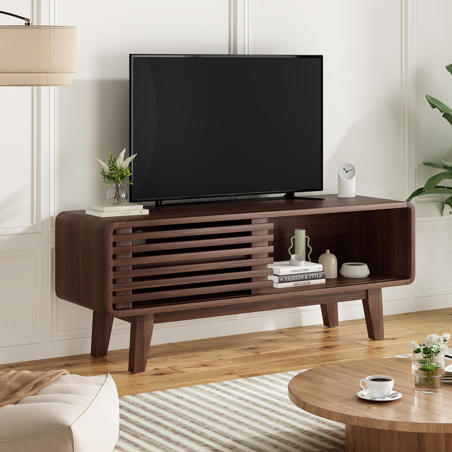 TV Stand for TV Up to 59 Inch, Entertainment Center with Storage Cabinet and Sliding Door, Mid-Modern Century Console Table for Living Room, Bedroom