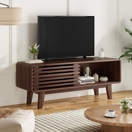 TV Stand for TV Up to 59 Inch, Entertainment Center with Storage Cabinet and Sliding Door, Mid-Modern Century Console Table for Living Room, Bedroom