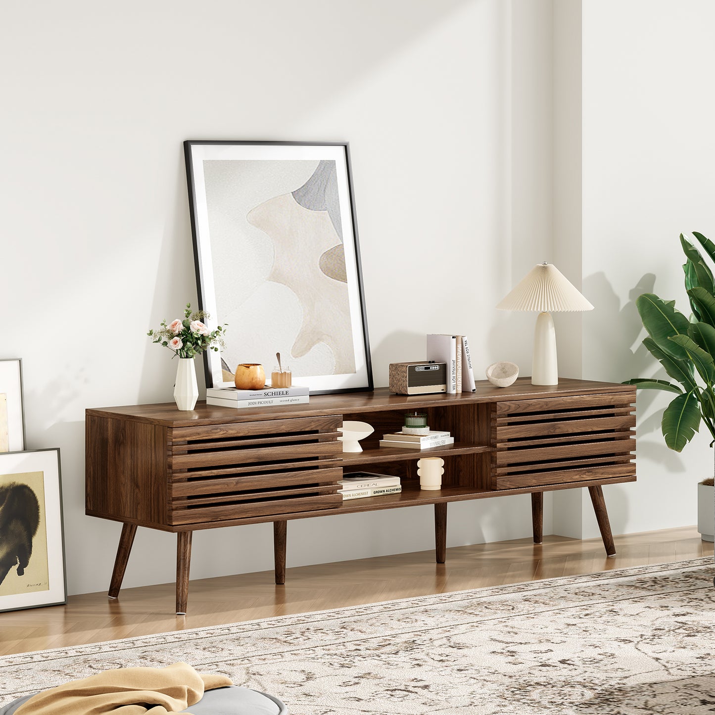 Mid Century Modern TV Stand - 70" Storage Console, Natural Walnut MDF