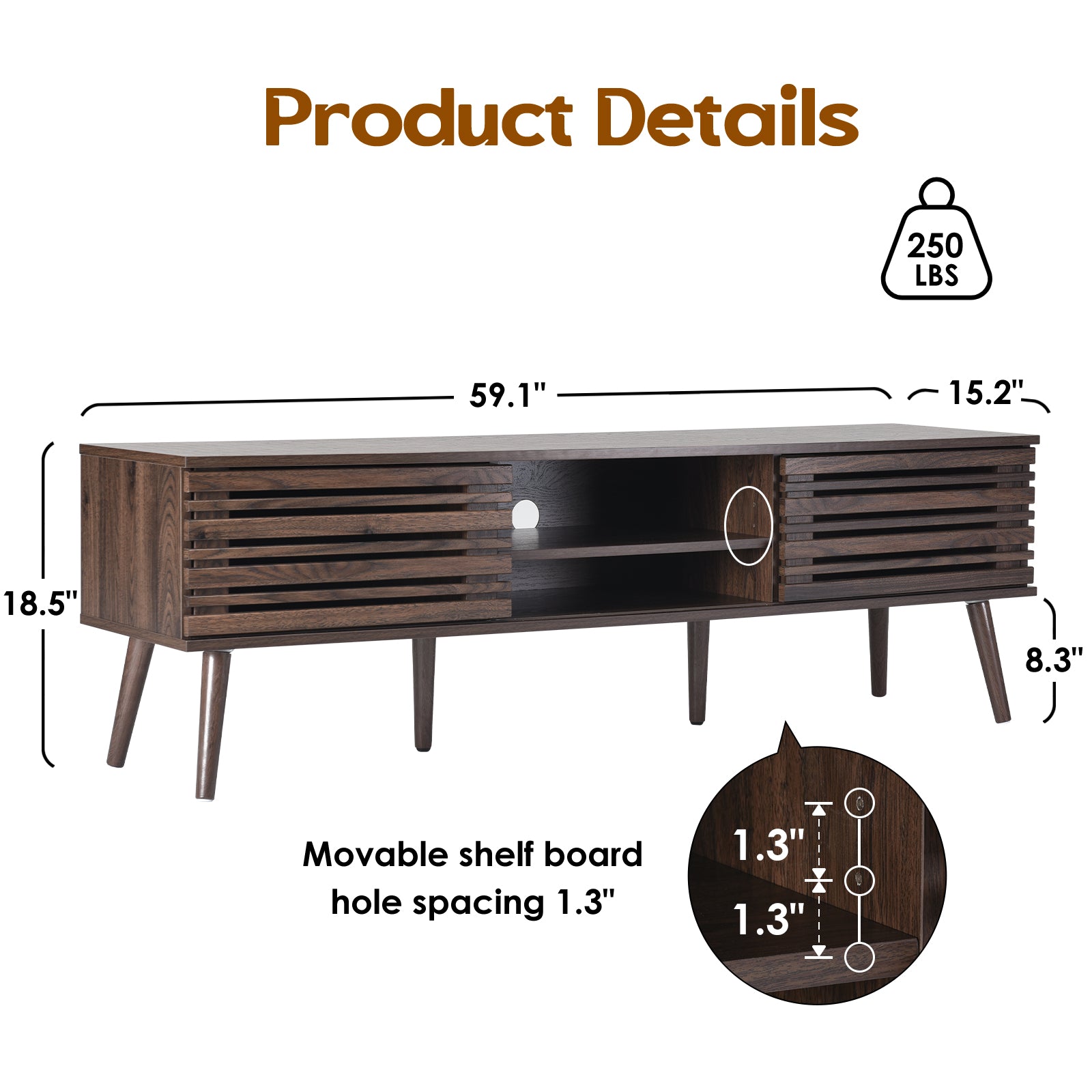 Mid Century Modern TV Stand - 70" Storage Console, Natural Walnut MDF