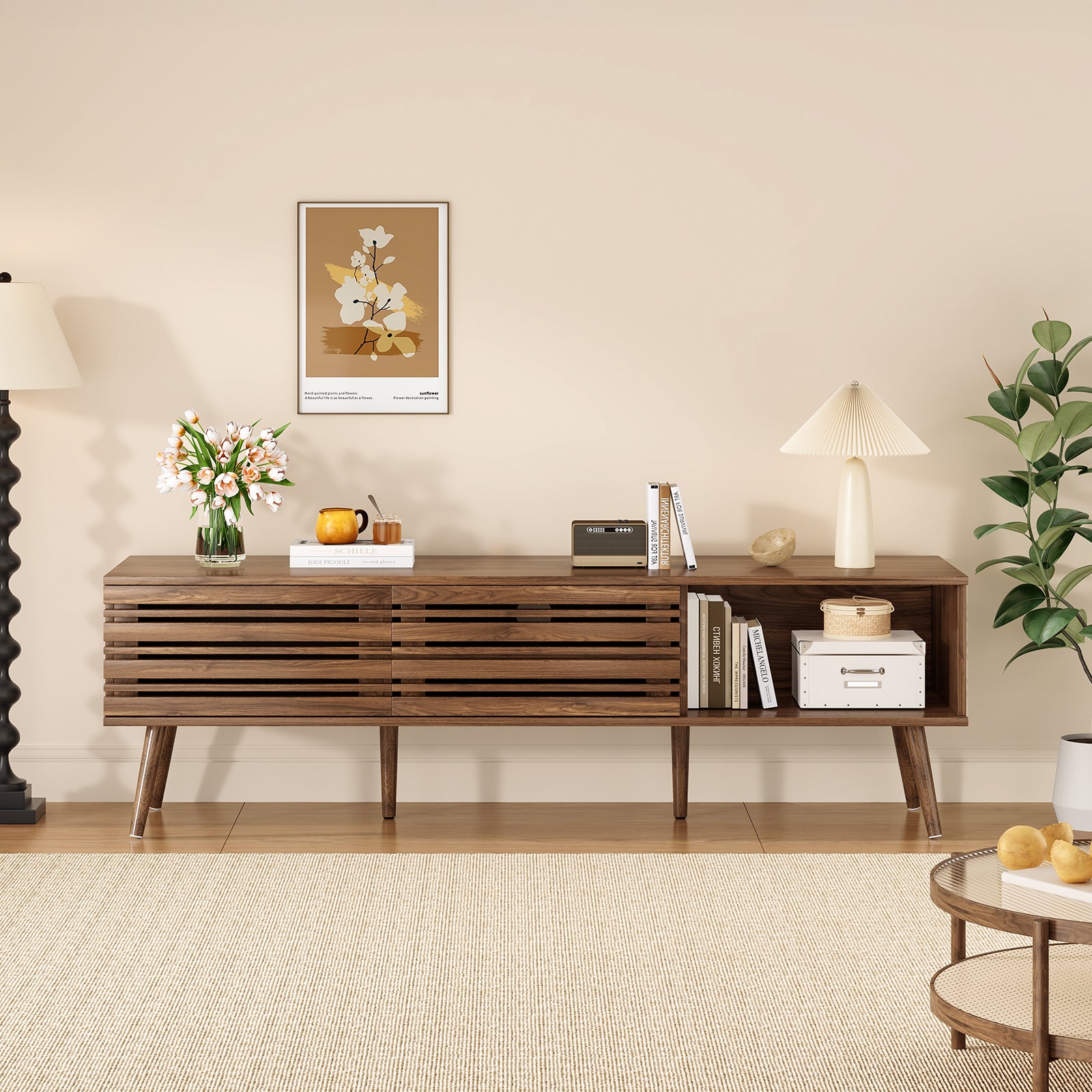 Mid Century Modern TV Stand - 70" Storage Console, Natural Walnut MDF
