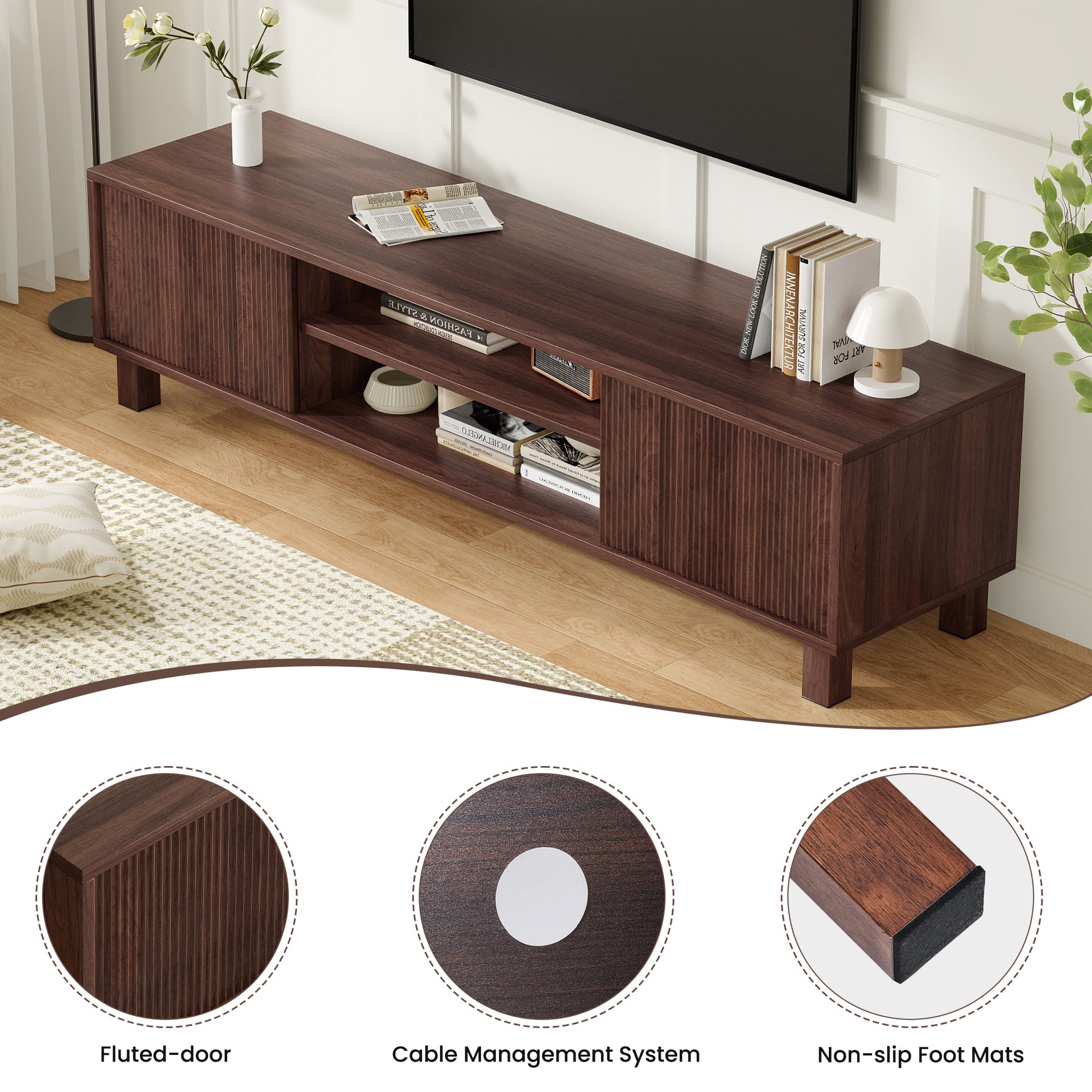 Walnut Engineered Wood TV Stand - 63" Media Console