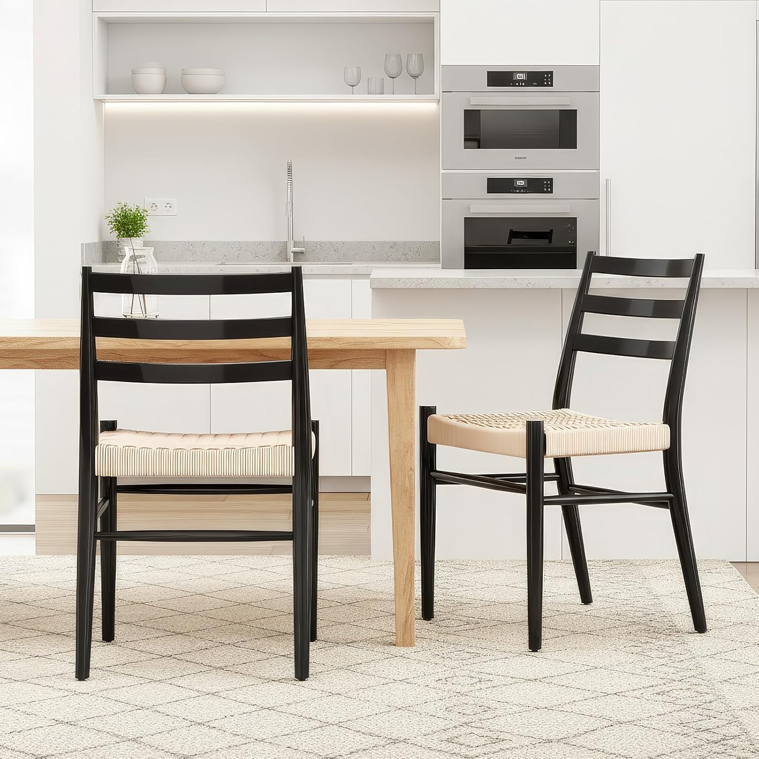 Black Beige Dining Chairs Set of 2 Metal Frame