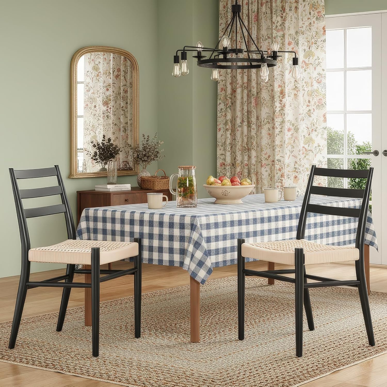 Black Beige Dining Chairs Set of 2 Metal Frame
