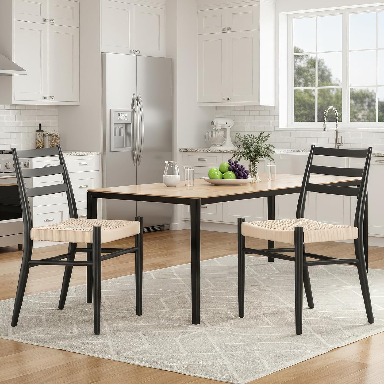 Black Beige Dining Chairs Set of 2 Metal Frame
