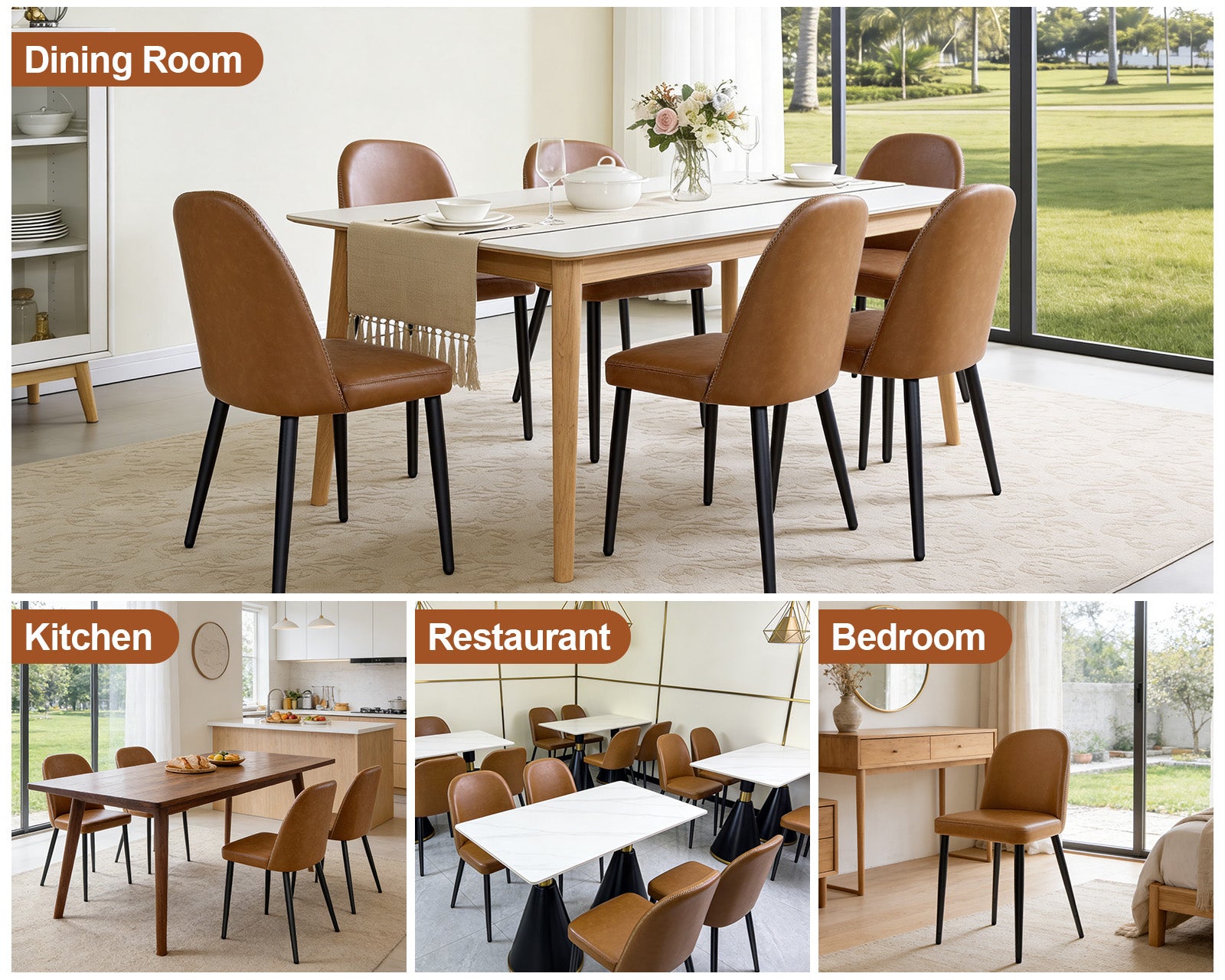 Brown Leather Dining Chairs Set of 4 - Modern Armless Kitchen Seats
