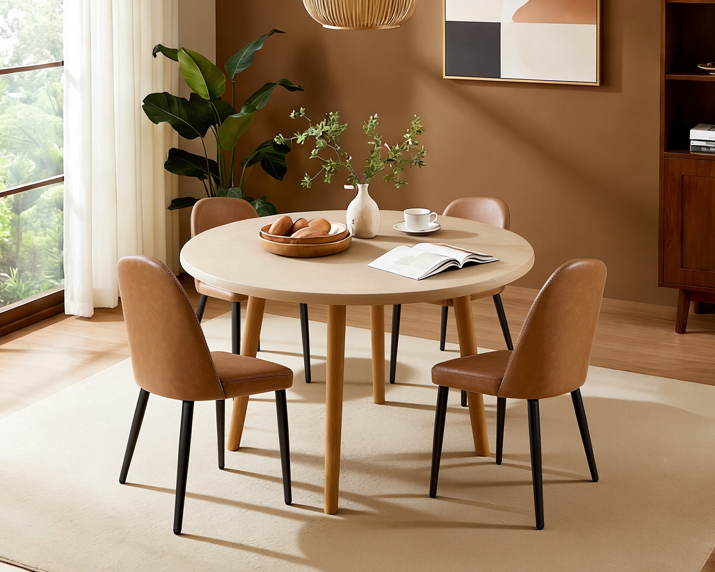 Brown Leather Dining Chairs Set of 4 - Modern Armless Kitchen Seats