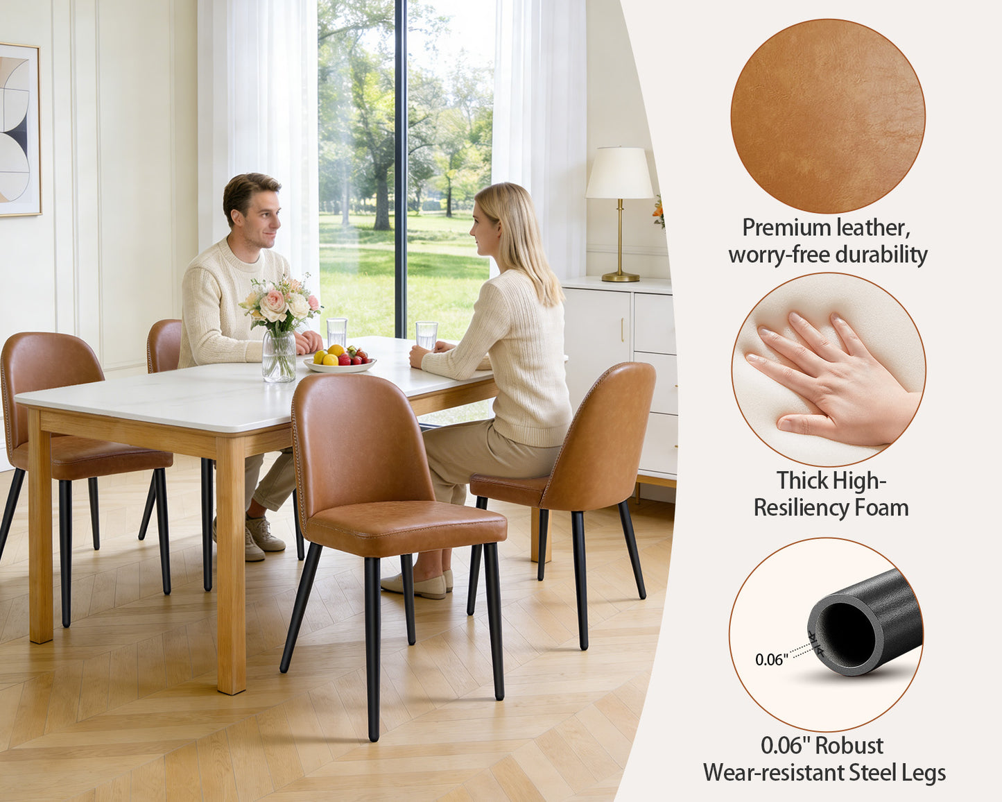 Brown Leather Dining Chairs Set of 4 - Modern Armless Kitchen Seats