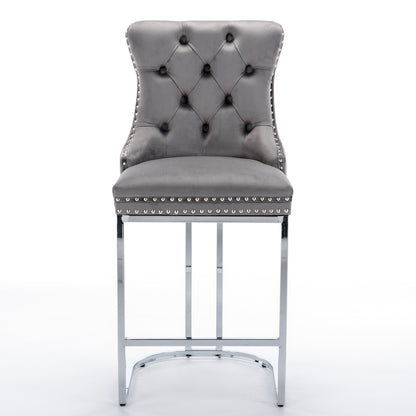 Gray Velvet Bar Stools Set of 2 - Counter Height Kitchen Bar Chairs