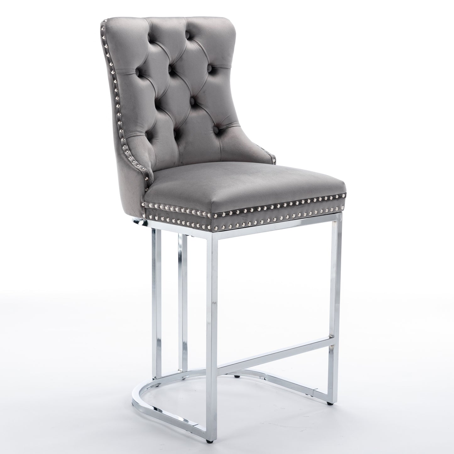 Gray Velvet Bar Stools Set of 2 - Counter Height Kitchen Bar Chairs
