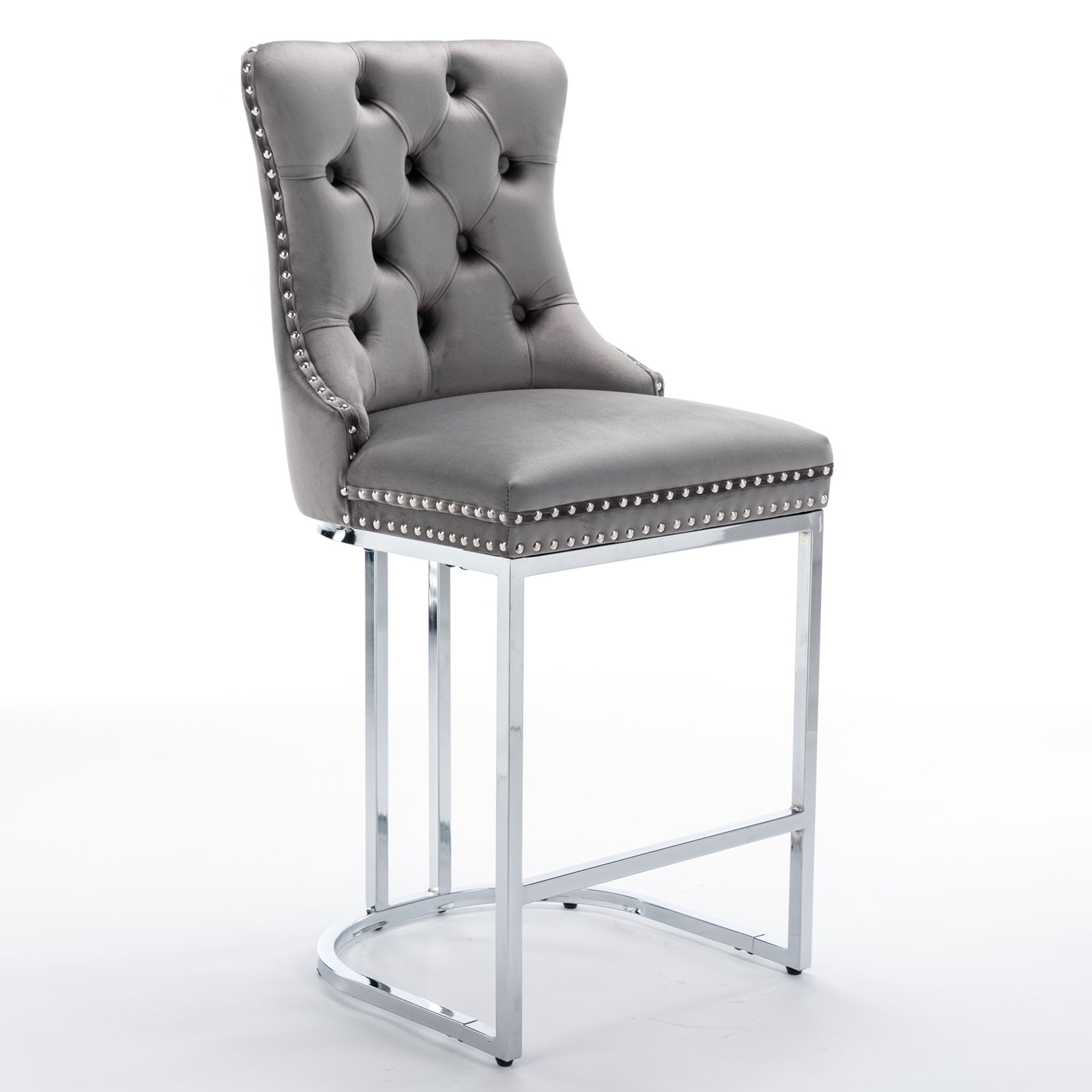 Gray Velvet Bar Stools Set of 2 - Counter Height Kitchen Bar Chairs