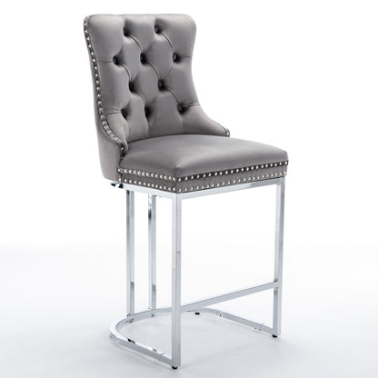 Gray Velvet Bar Stools Set of 2 - Counter Height Kitchen Bar Chairs