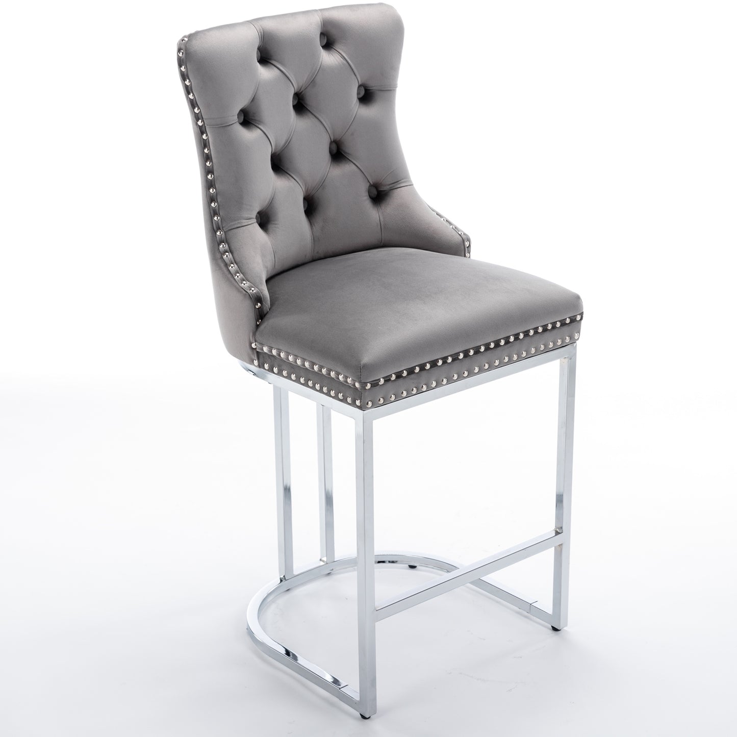 Gray Velvet Bar Stools Set of 2 - Counter Height Kitchen Bar Chairs