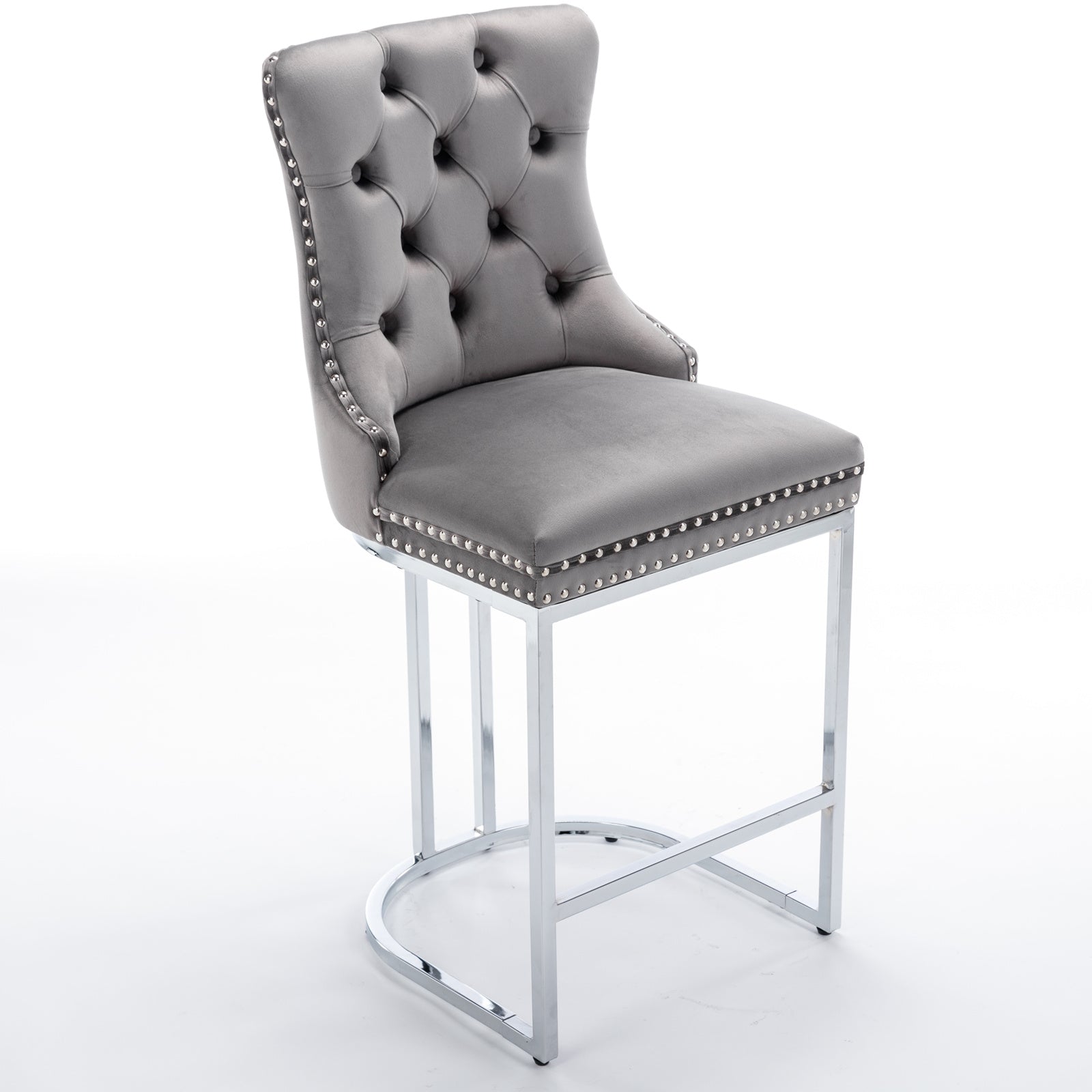 Gray Velvet Bar Stools Set of 2 - Counter Height Kitchen Bar Chairs