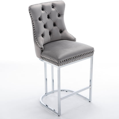 Gray Velvet Bar Stools Set of 2 - Counter Height Kitchen Bar Chairs