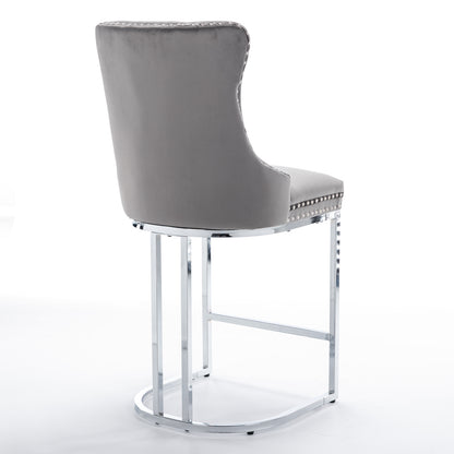Gray Velvet Bar Stools Set of 2 - Counter Height Kitchen Bar Chairs