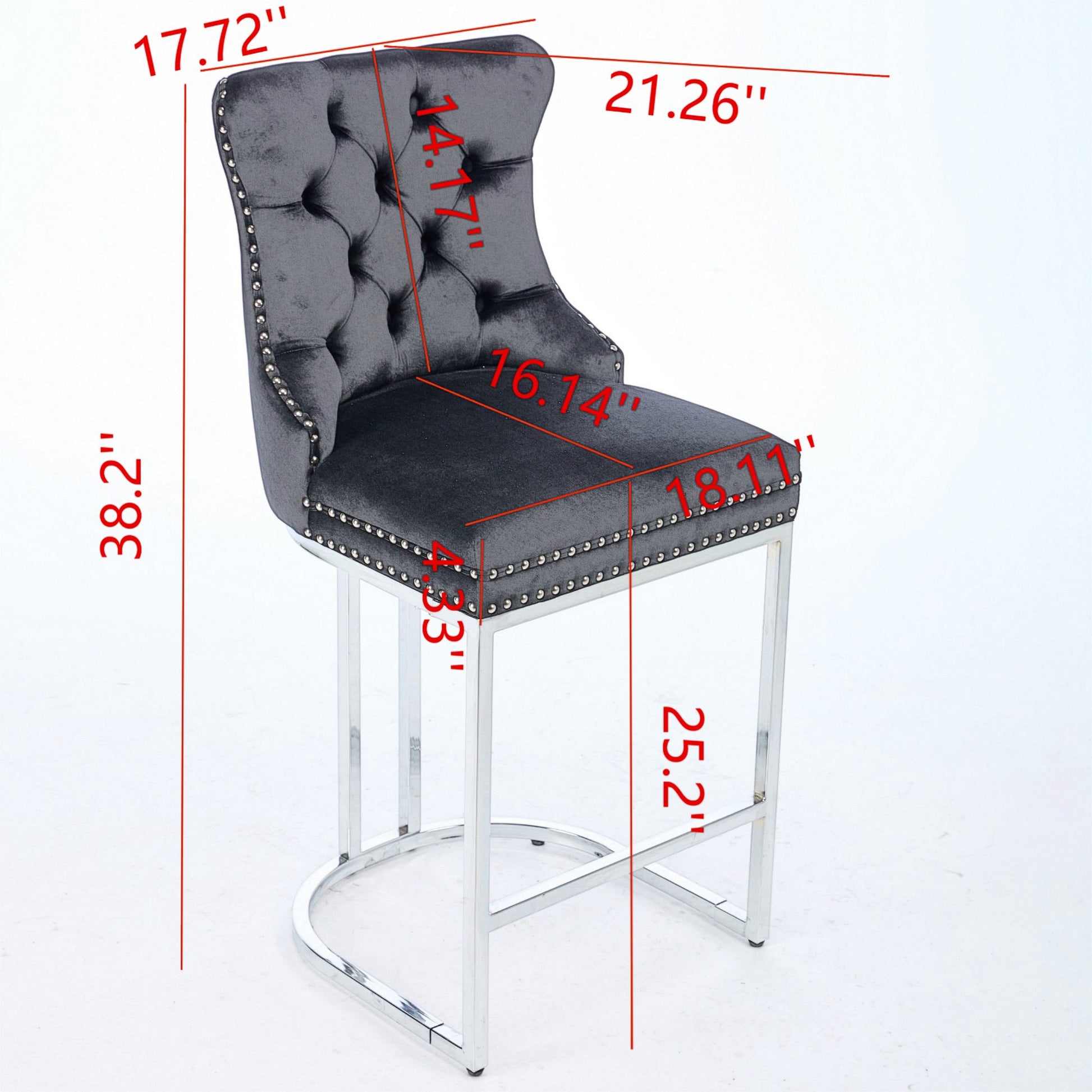 Gray Velvet Bar Stools Set of 2 - Counter Height Kitchen Bar Chairs