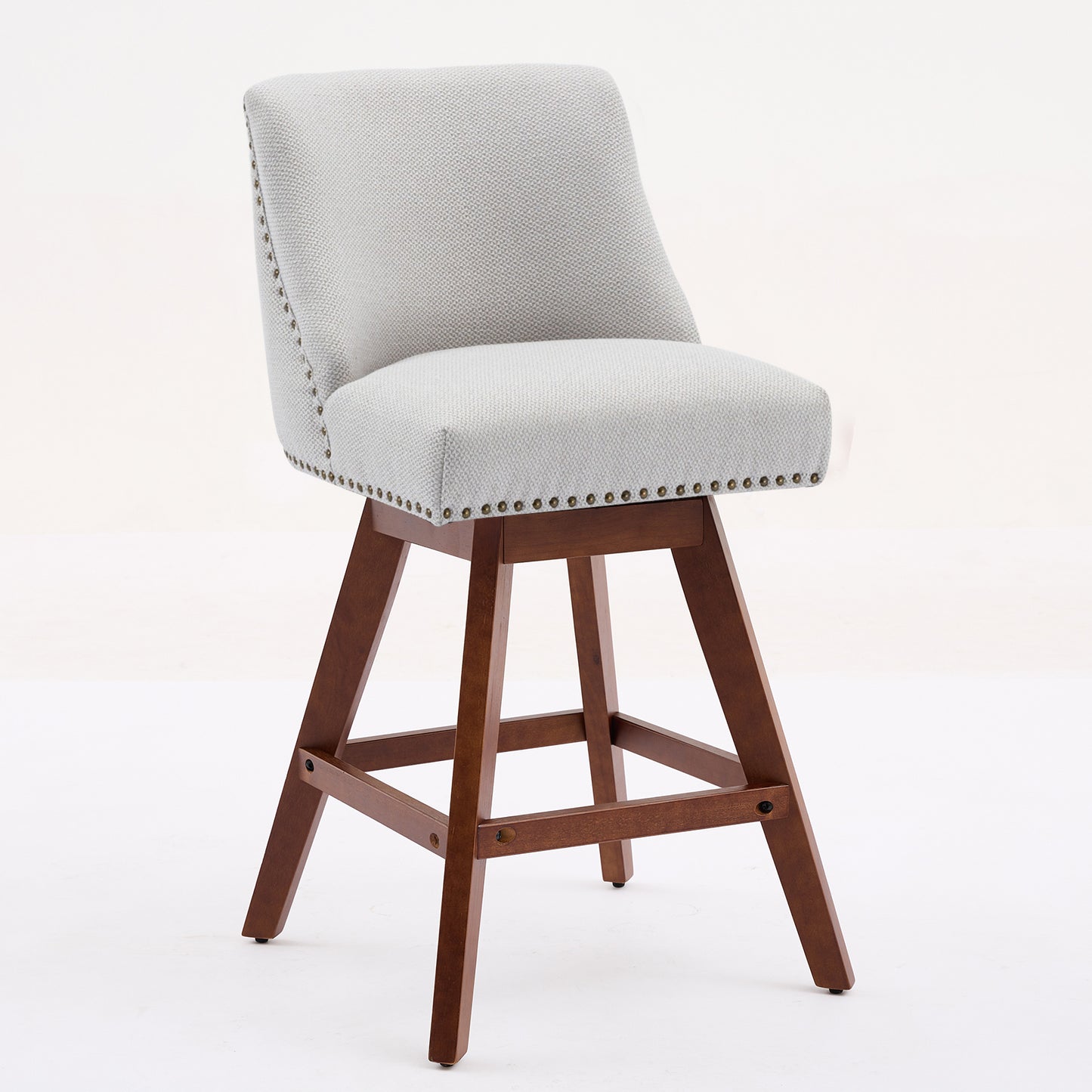 Beige Swivel Bar Stool Set with Wood Frame and Fabric Cushion for Dining Room