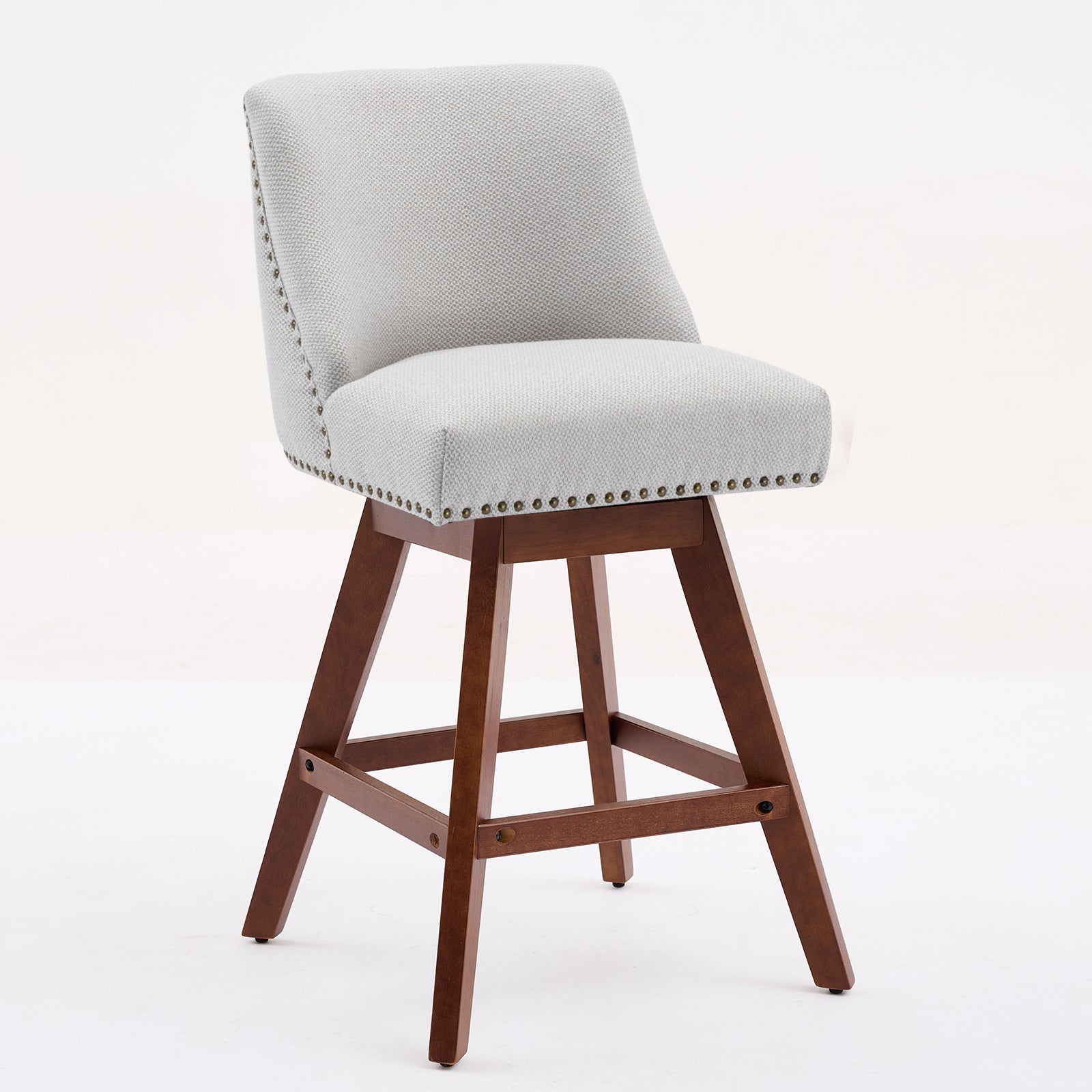 Beige Swivel Bar Stool Set with Wood Frame and Fabric Cushion for Dining Room