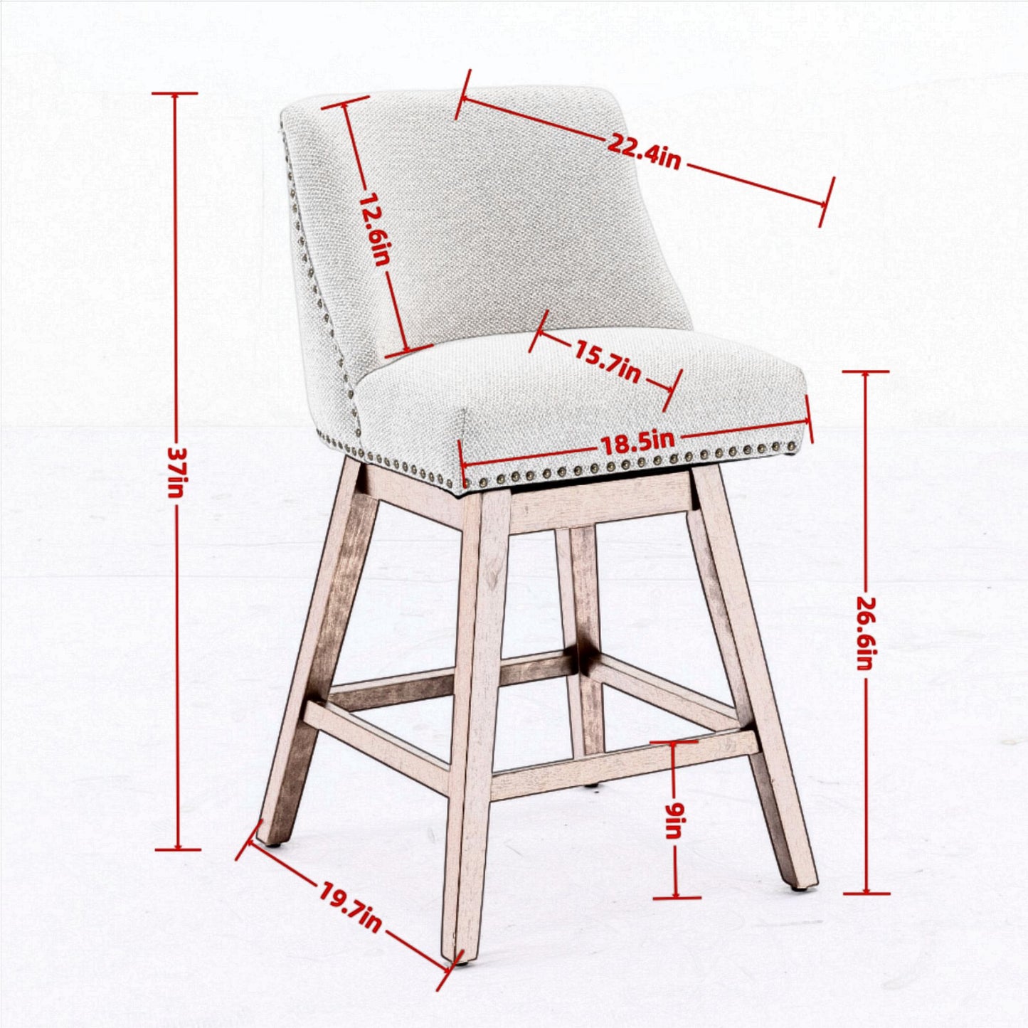 Beige Swivel Bar Stool Set with Wood Frame and Fabric Cushion for Dining Room