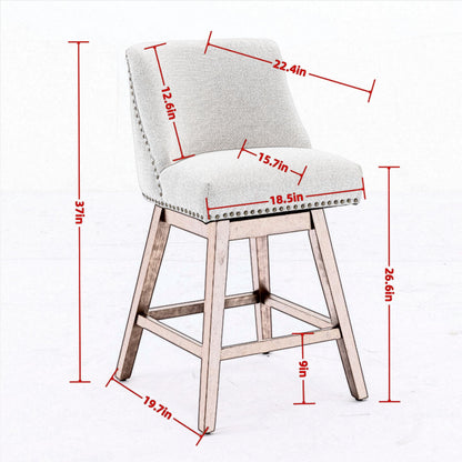 Beige Swivel Bar Stool Set with Wood Frame and Fabric Cushion for Dining Room
