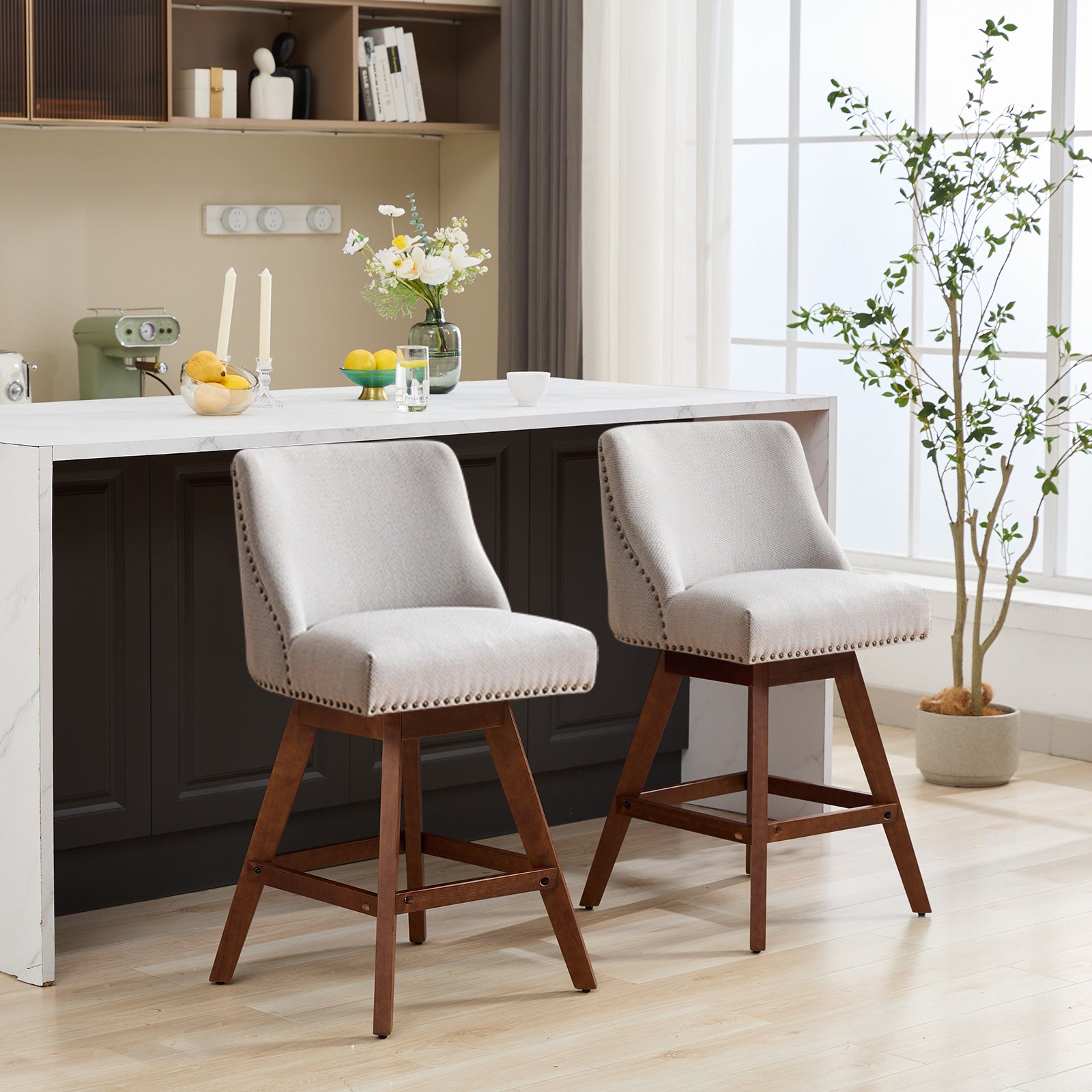 Counter Height Swivel Barstools, 26'' H Seat Height Upholstered Bar Stools Set of 2, Fabric in Ivory