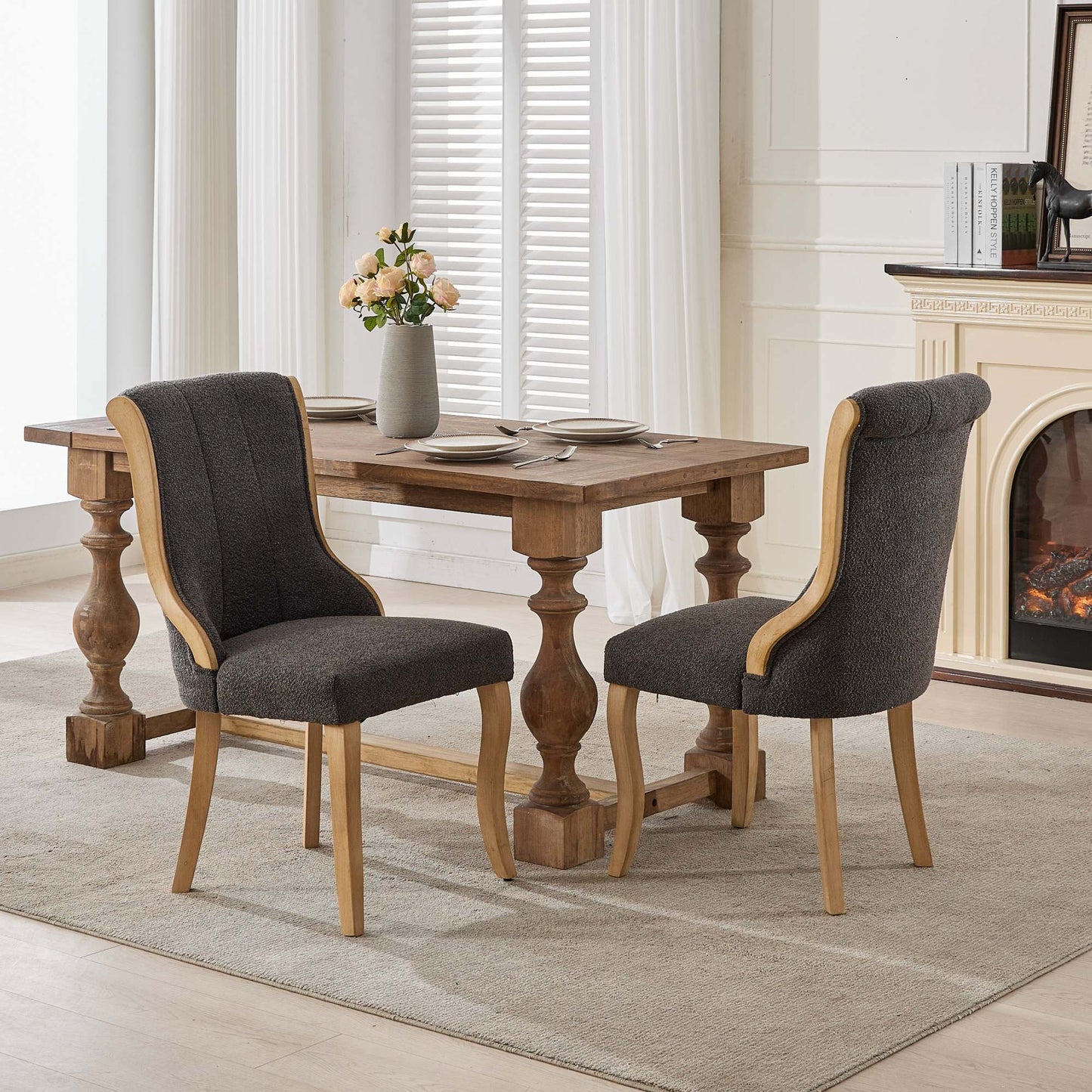 Snow Velvet Dining Chairs, Mid-Century Style with Curved Wood Trim & Sculpted Legs, Upholstered Comfort for Dining/Lounge, Accent Seating with Fluffy Fabric & Sturdy Wood, Set of 2, Gray