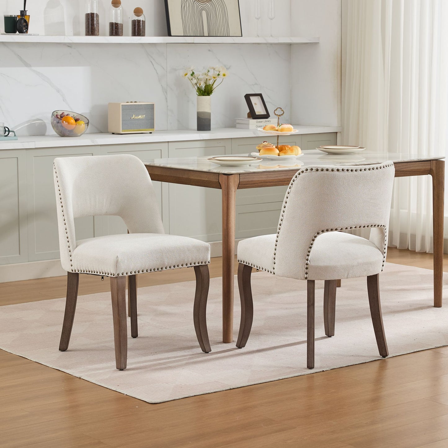 Wooden Dining Chairs Set of 2, Modern Fabric Upholstered Dining Room Chair Kitchen Chairs, Farmhouse Dinner Chair for Kitchen Dining Room, Beige