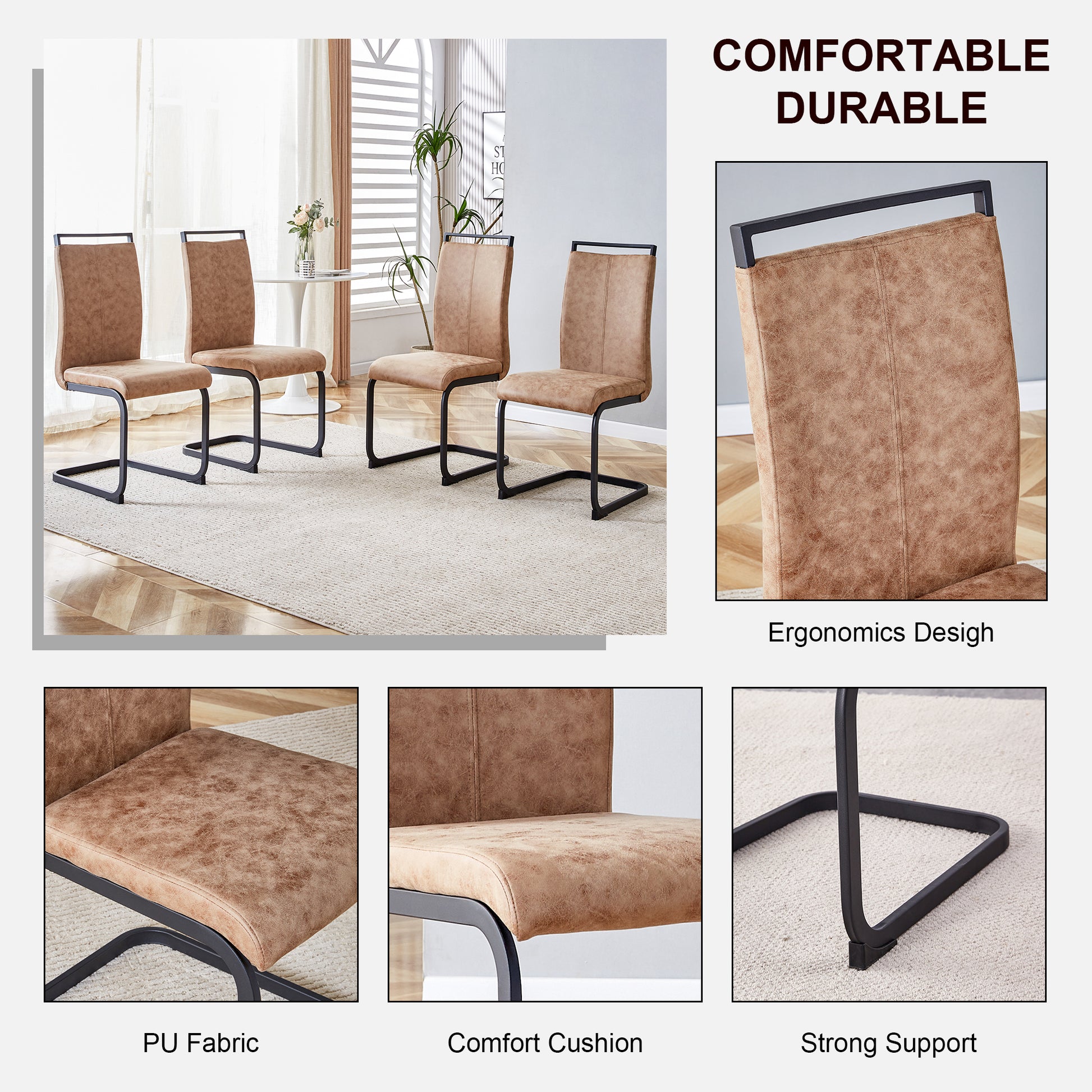 Modern Brown Dining Chairs - Set of 4 Fabric Upholstered Side Chairs