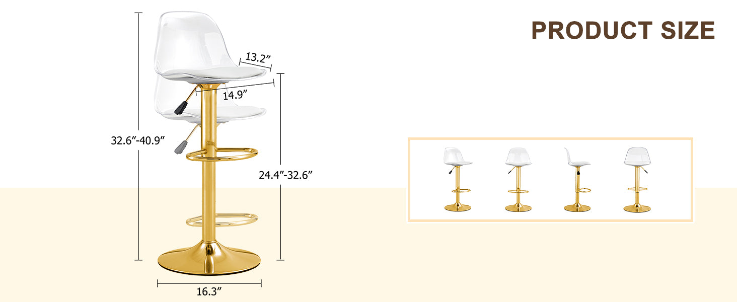 Gold PU Bar Stools Set of 2 - Modern Bar Chairs