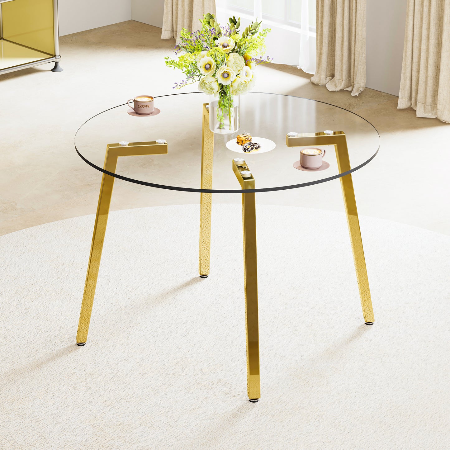 Modern minimalist style circular transparent tempered glass table, tempered glass tabletop, golden metal legs, suitable for kitchen, dining room, and living room, 42 "* 42" * 29.5 "1123r