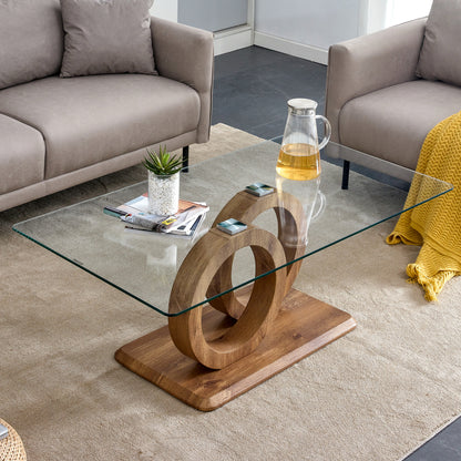 Modern Glass Coffee Table with Natural Wood Legs for Living Room