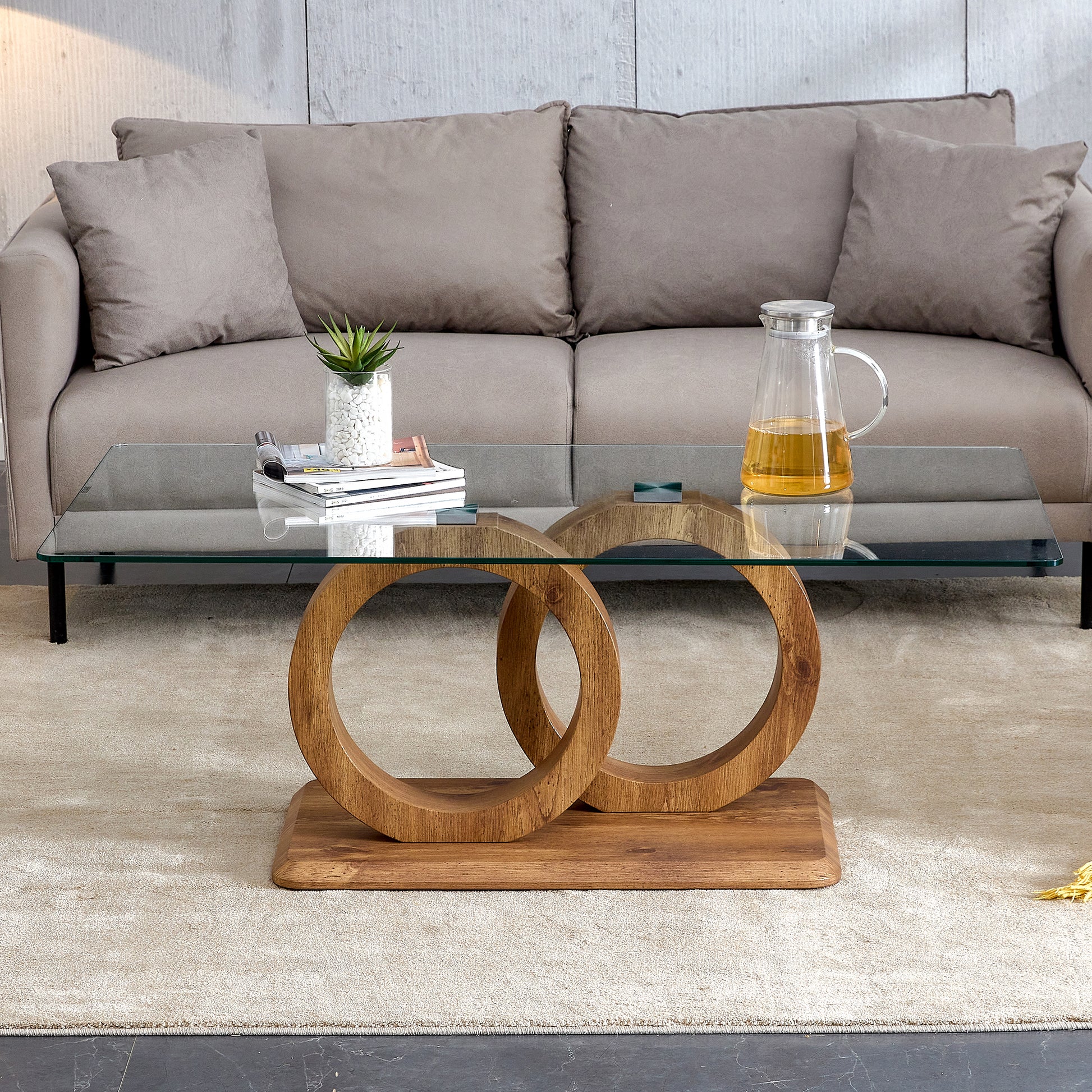 Modern Glass Coffee Table with Natural Wood Legs for Living Room