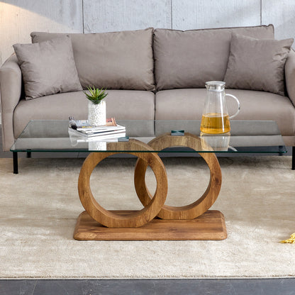 Modern Glass Coffee Table with Natural Wood Legs for Living Room