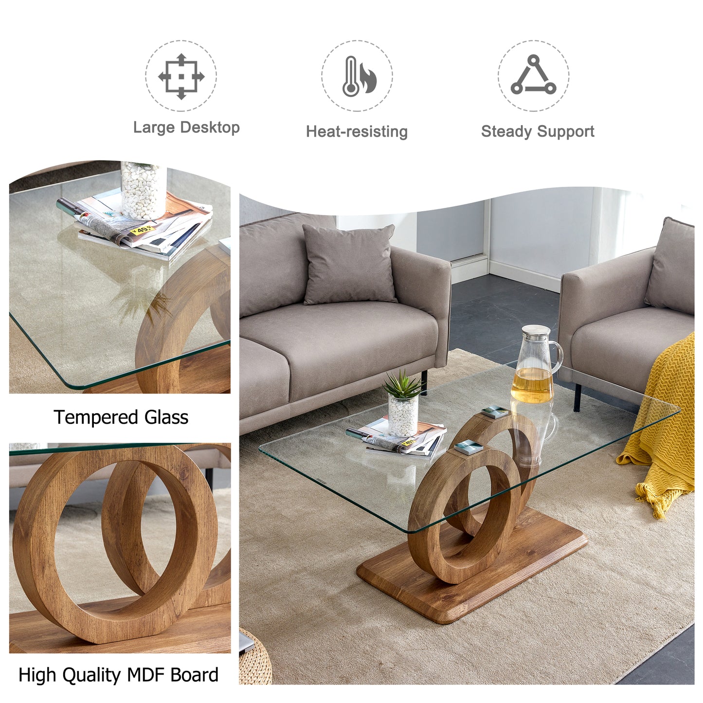 Modern Glass Coffee Table with Natural Wood Legs for Living Room