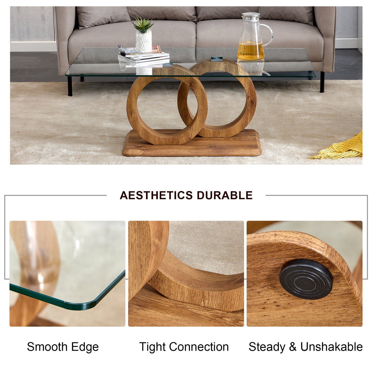 Modern Glass Coffee Table with Natural Wood Legs for Living Room