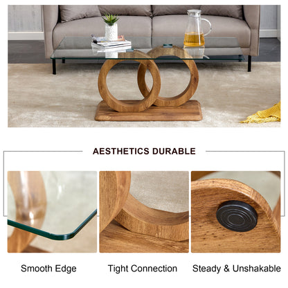 Modern Glass Coffee Table with Natural Wood Legs for Living Room