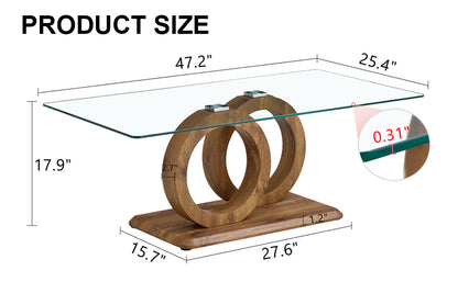 Modern Glass Coffee Table with Natural Wood Legs for Living Room